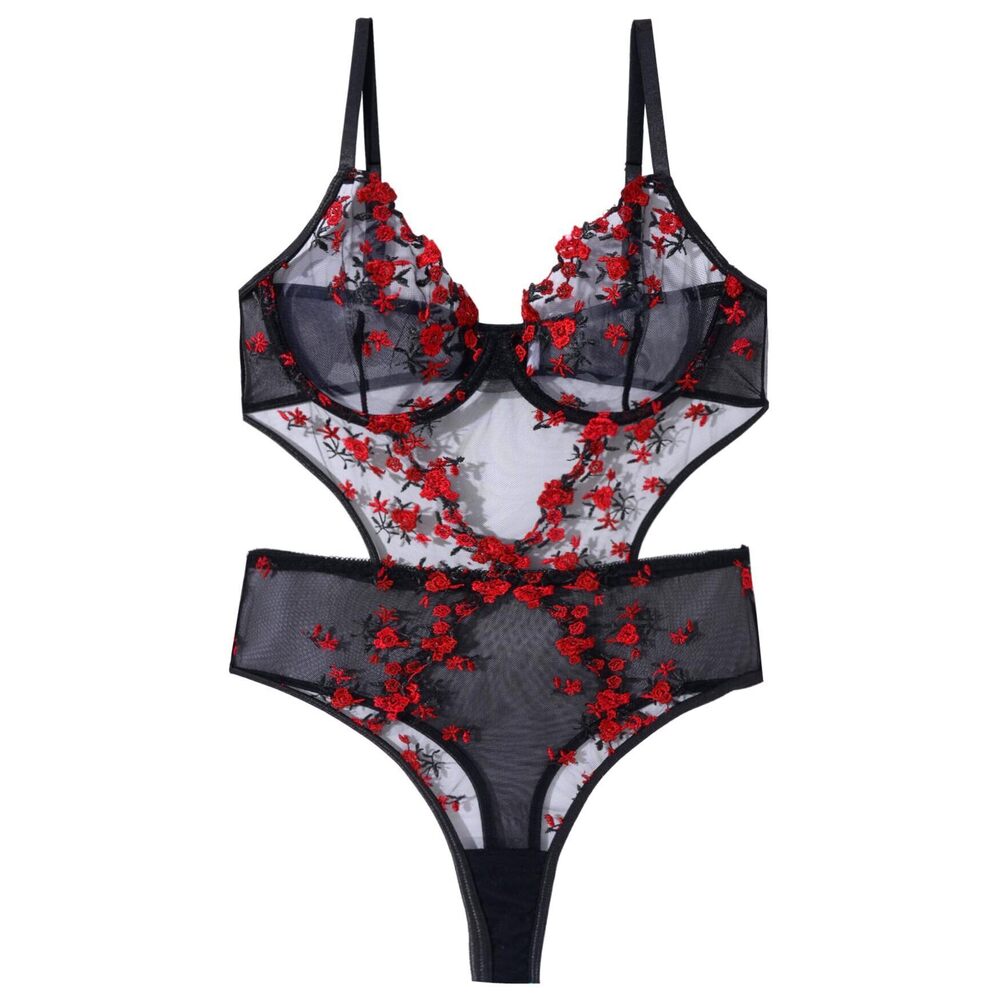 6368 Lingerie Lingerie One Piece Babydoll Nightgown Floral Lace Black